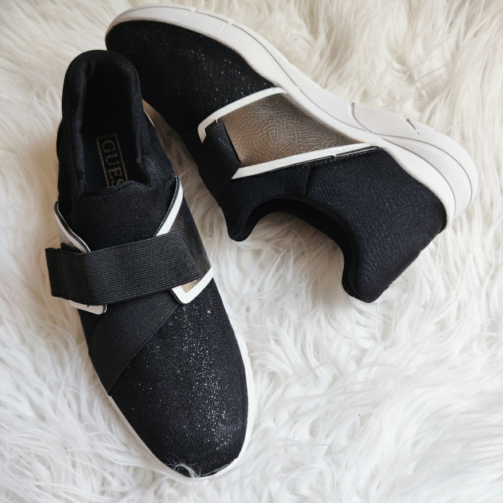 Guess Ladies Black Glitter Mesh & Scuba Knit Shoes